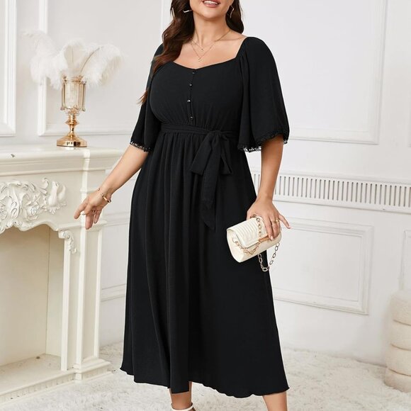 Plus Size Formal Maxi Dress Chiffon Wedding Guest Flowy A Line Sleeved - Picture 5 of 6